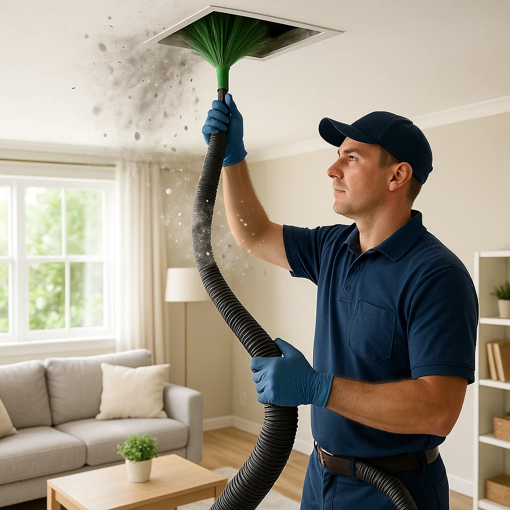 Meadows Place TX air duct technician removing dust and debris to improve indoor air clarity