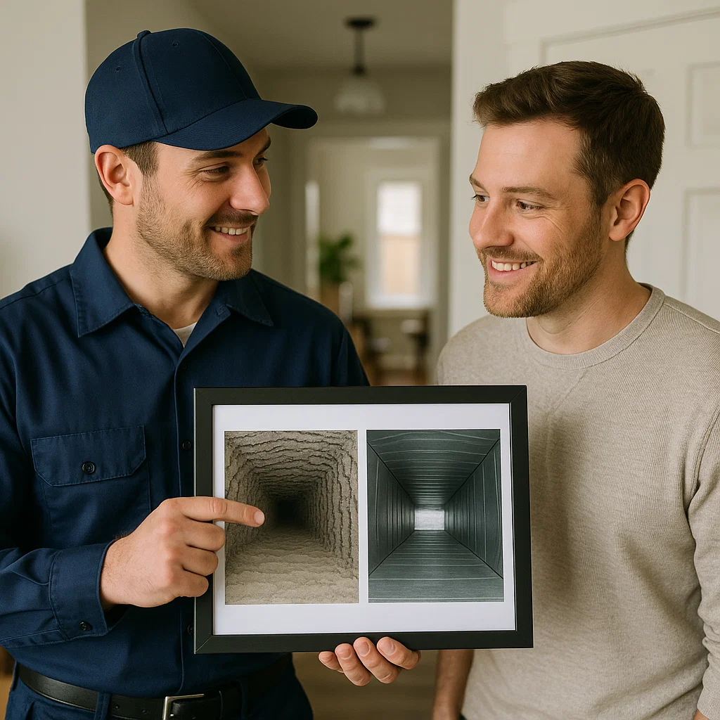 Brookshire TX air duct technician using advanced negative pressure and rotary brushes for full system duct cleaning